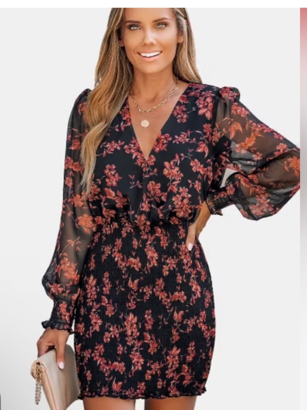 Cupshe NWT L Floral Black & Rust SHEER Long-Sleeve V-Neck WRAP Mini Dress